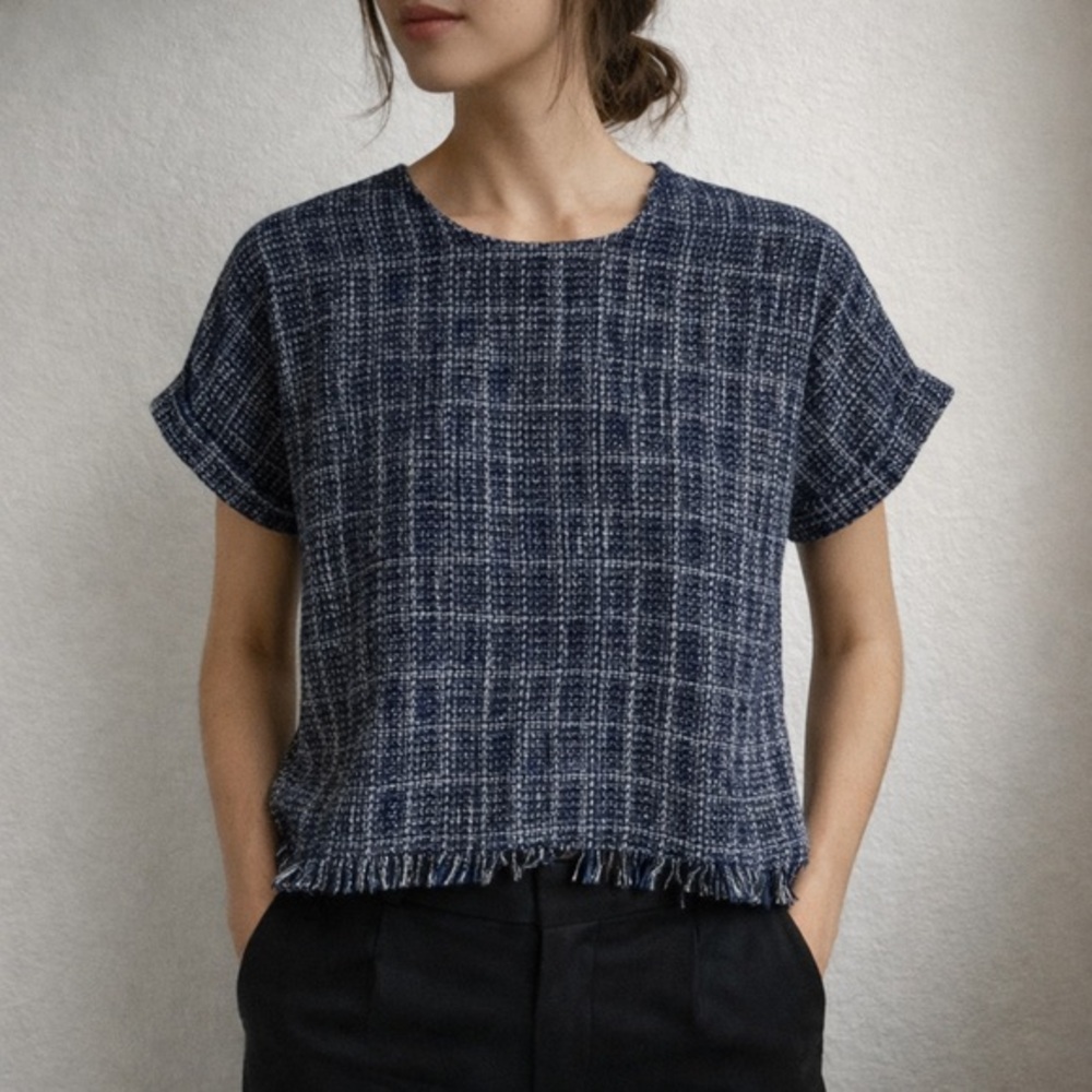 Jade Melody Tam Tweed Fringe Top‎ Navy White Size XS French Parisian Old Money